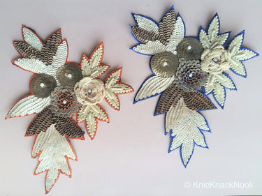 Floral Applique With Beige And Orange / Blue Embroidery, Beige, Brown And Bronze Sequins And White Pearl Beads